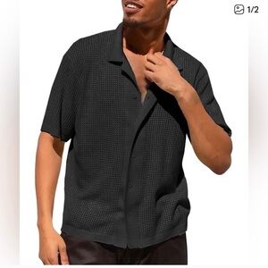 Men's Black Patterned Button Down Polo Shirt